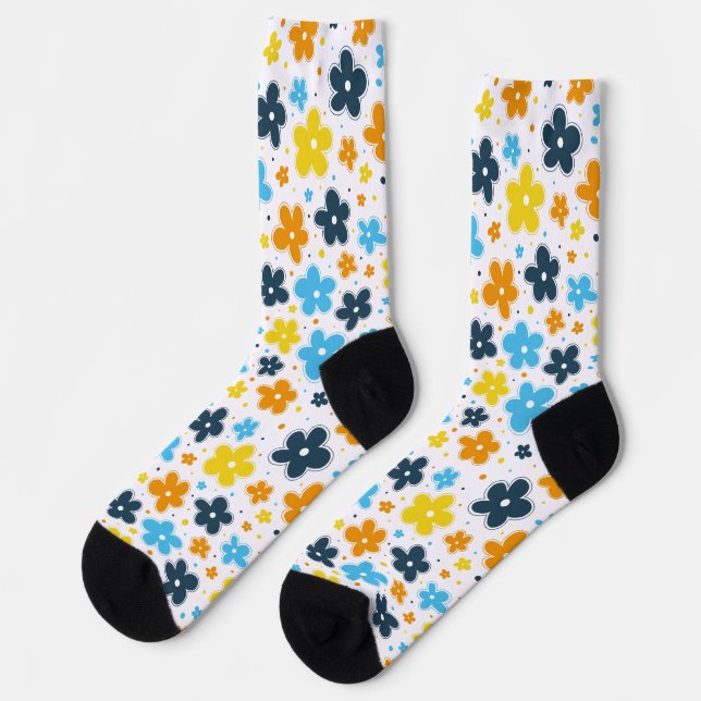 Chaussette AroAce Fierté Fleurs Doodle Orange Jaune Bleu (Gauche)