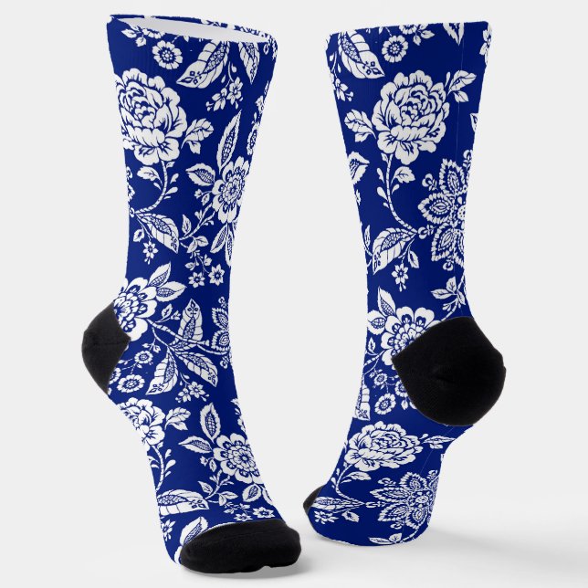 Chaussette Arrière - plan bleu profond et floral blanc (Angulaire)