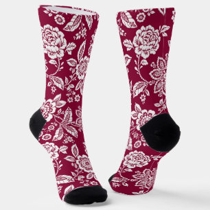 Chaussette Arrière - plan rouge avec florale blanche