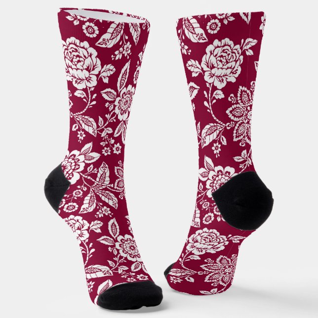 Chaussette Arrière - plan rouge avec florale blanche (Angulaire)