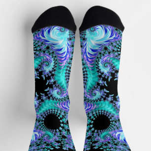 Chaussette Art abstrait fractal tentaculaire cyan psychédéliq