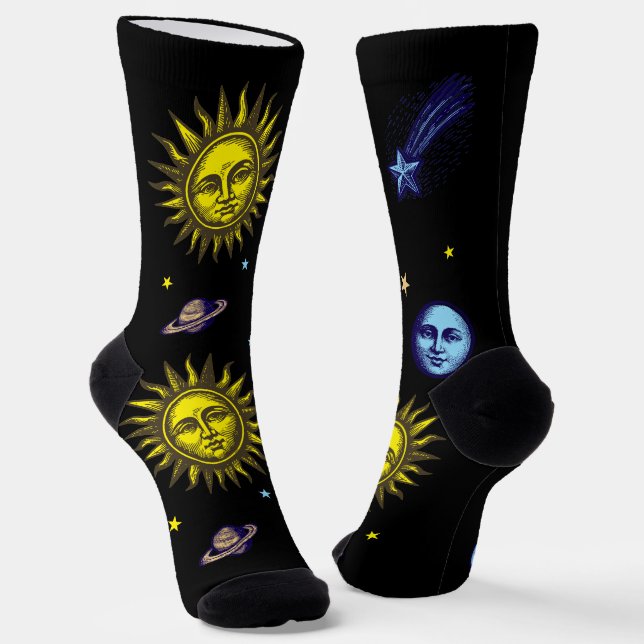 Chaussette Art céleste rétro Soleil Lune Étoiles Planète Comè (Angulaire)