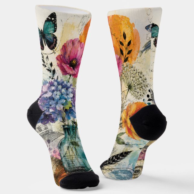Chaussette Art de collage mixte botanique vibrant (Angulaire)