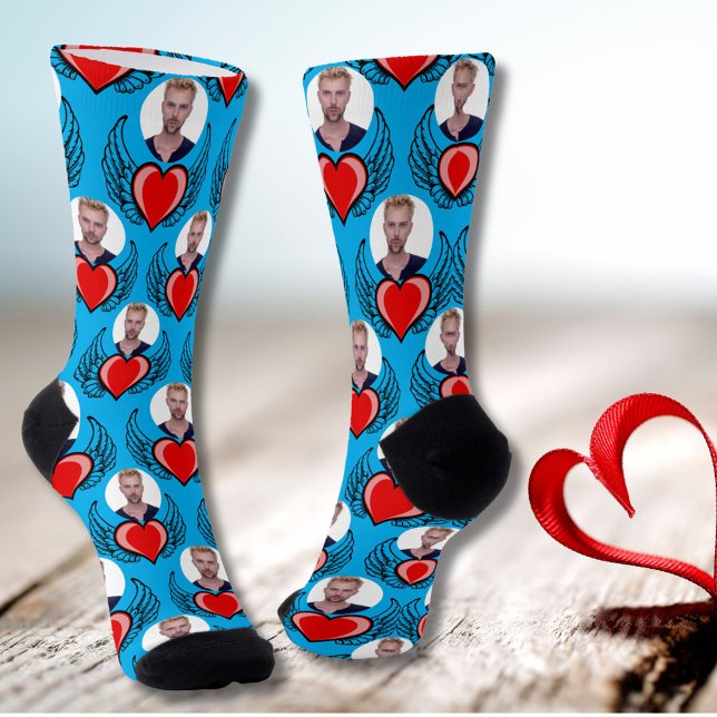 Chaussette Azure Blue Custom Boyfriend Photo Red Winged Heart (Créateur téléchargé)