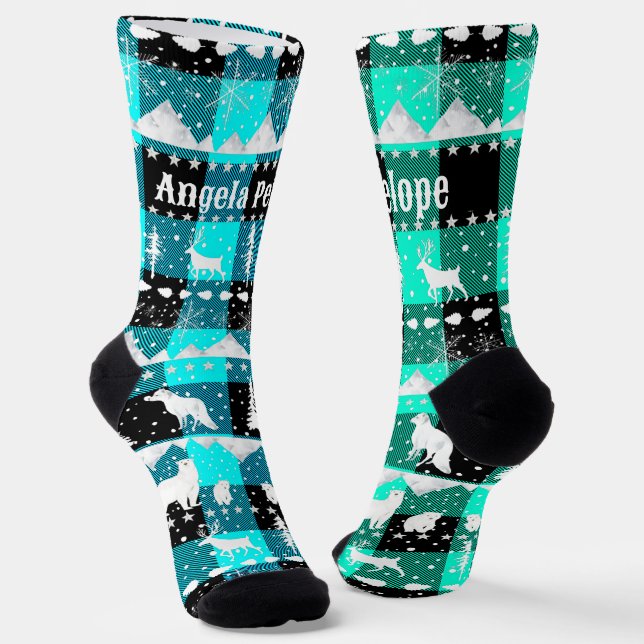 Chaussette Balayage nordique Animaux d'hiver bleu vert Plaid (Angulaire)