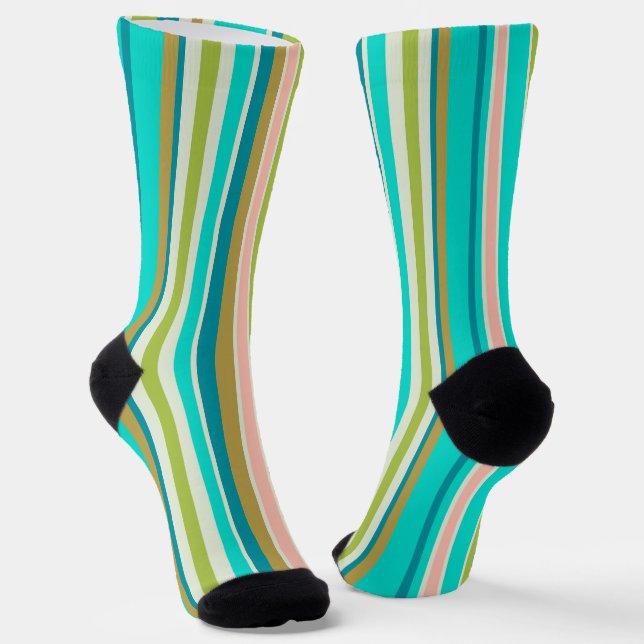 Chaussette Bandes de pêche et turquoise roses rétro-verticale (Angulaire)