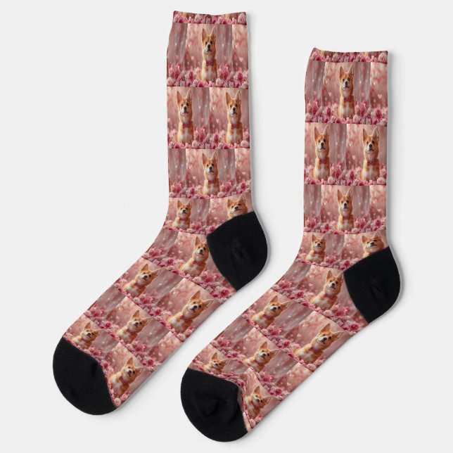 Chaussette Basenji avec Rose - Saint Valentin (Gauche)