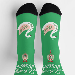 Chaussette Beau art folklorique de Noël Cygne Vert Blanc