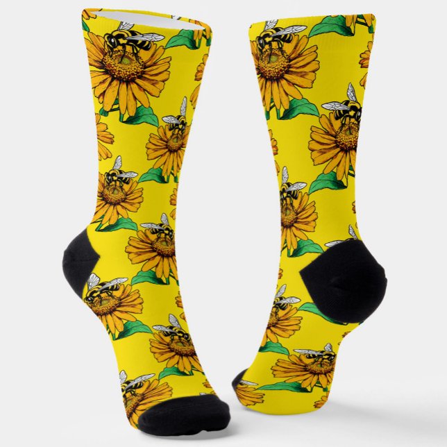 Chaussette Bee on Sunflower Flower Pattern Design Yellow  (Créateur téléchargé)