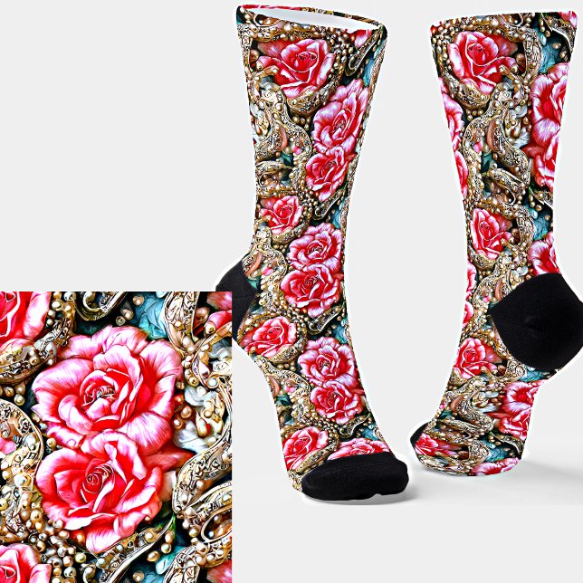 Chaussette Belle Fleurs et Perles Roses Effet 3D métallique (Créateur téléchargé)