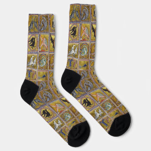 CHAUSSETTE BESTIAIRE MÉDIÉVAL, ANIMAUX FANTASTIQUES, OR ROUGE