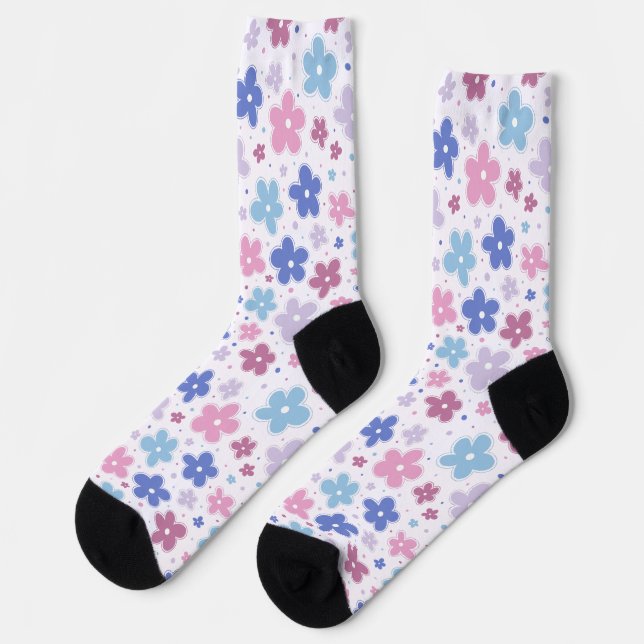 Chaussette Bigender Fierté Fleurs Doodle Rose Bleu Lavande (Gauche)