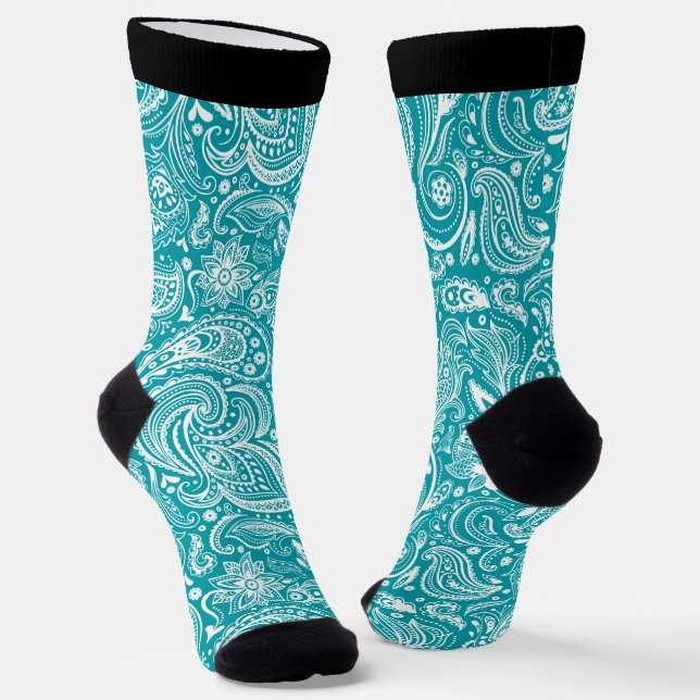 Chaussette Blanc et turquoise vintage paisley motif (Angulaire)