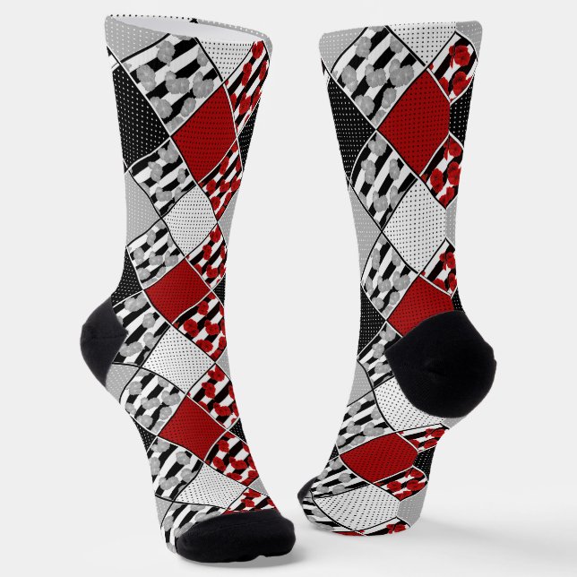 Chaussette Blanc noir avec patchwork rétro rouge (Angulaire)