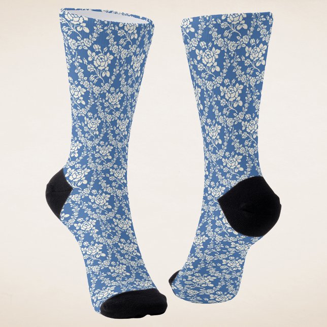 Chaussette Bleu Blanc Floral Motif Botanique Chic (Créateur téléchargé)