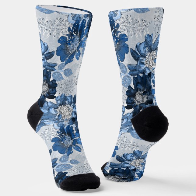 Chaussette Bleu clair, fleurs bleu foncé sur gris clair (Angulaire)