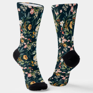 Chaussette Bleu foncé Vintage Motif de fleurs de jardin