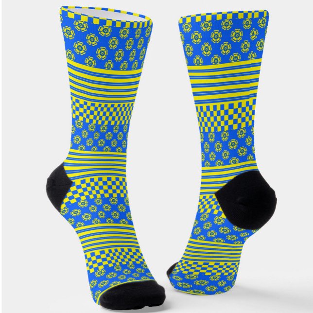 Chaussette Bleu jaune Boho Check Floral Stripes Motif (Créateur téléchargé)
