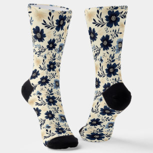 Chaussette Bleu Marine Et Crème Art Populaire Floral Jardin