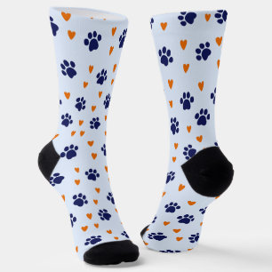 Chaussette Bleu Pawprint Orange Coeur Chien Amour