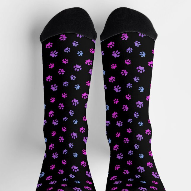 Chaussette Bleu rose violet Empreintes de pattes Motif noir (Haut)