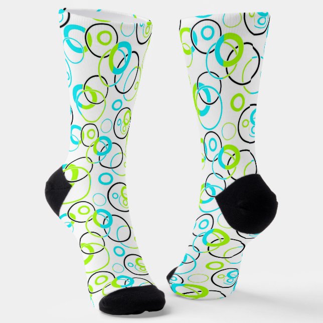 Chaussette blue green and black rings and circles on white  (Angulaire)