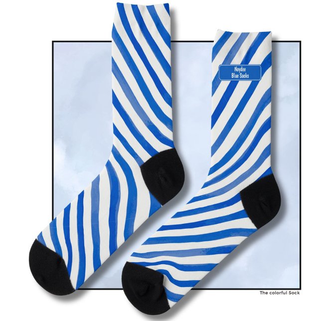 Chaussette Blue Stripes on White and Text (Créateur téléchargé)