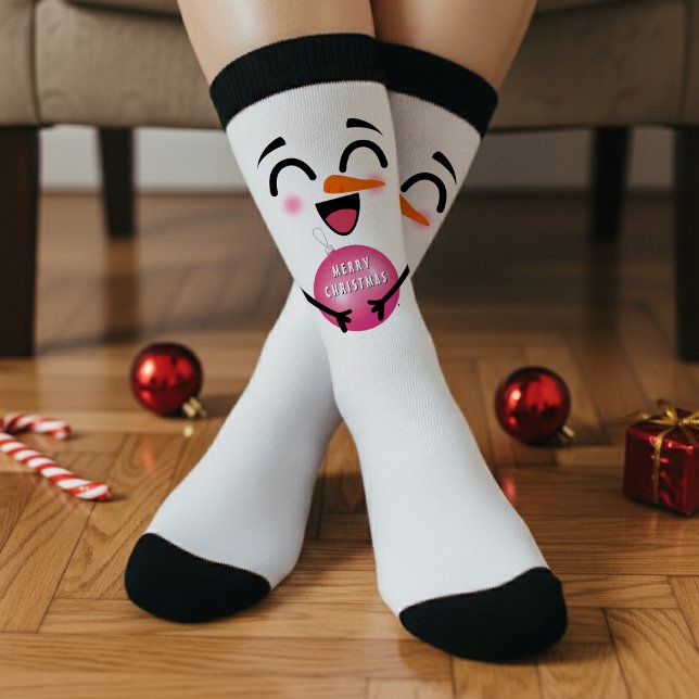 Chaussette Bonhomme de neige Joyeux Noël Visage souriant mign (Snowman Merry Christmas Cute Smiling Face Winter Socks
)