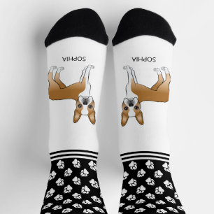 Chaussette Boston Terrier Fauve Et Blanc Avec Nom Et Pattes