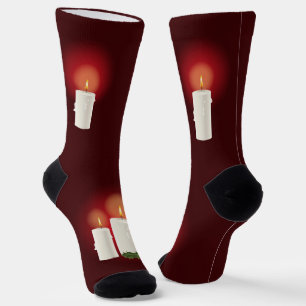 Chaussette Bougies de Noël festives blanches sur fond rouge