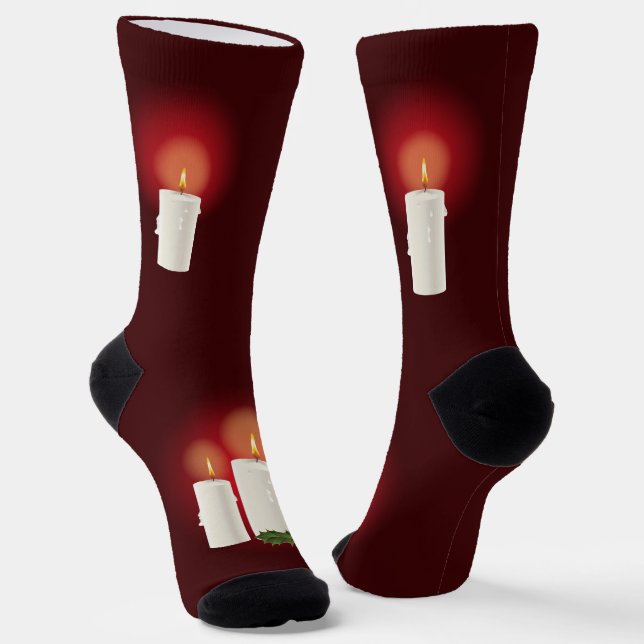 Chaussette Bougies de Noël festives blanches sur fond rouge (Angulaire)