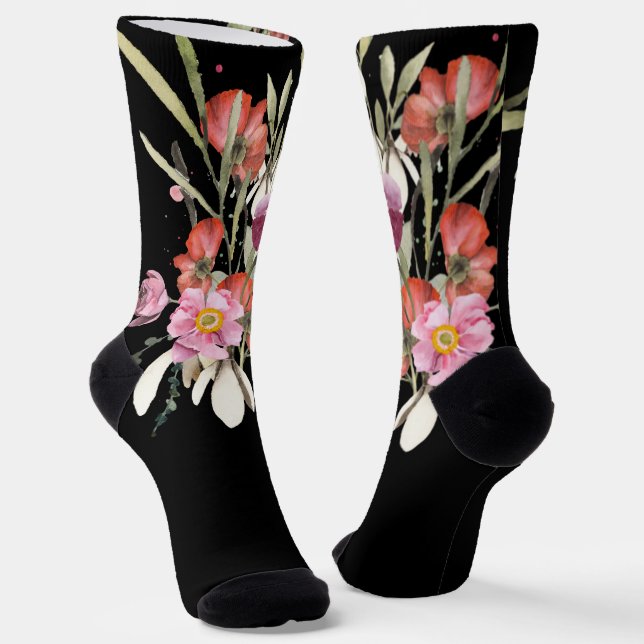 Chaussette Bouquet de fleurs Mariages roses sur noir (Angulaire)