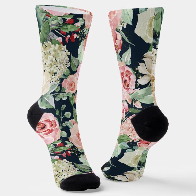 Chaussette Bouquet de fleurs Mariages roses sur noir (Angulaire)