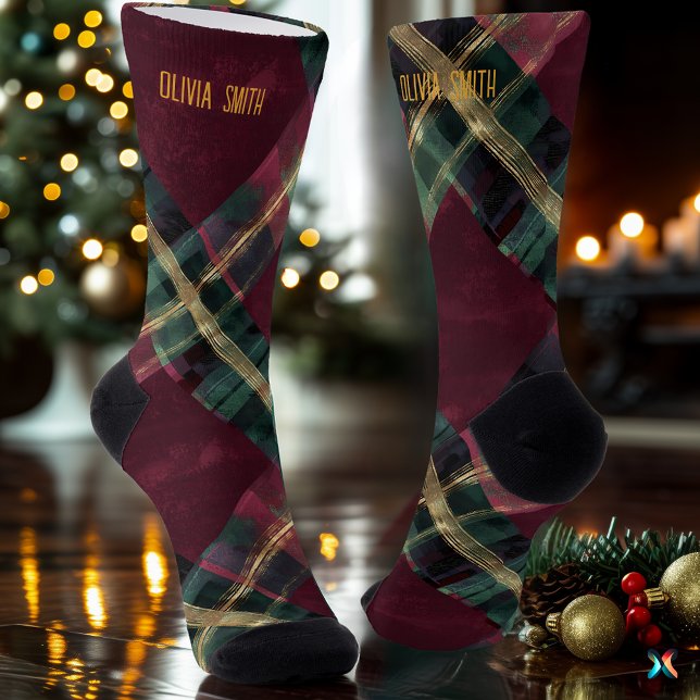 Chaussette Bourgogne artistique & Vert Noël Plaid sur mesure (Créateur téléchargé)