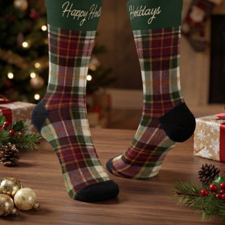 Chaussette Bourgogne & Vert Noël Carreaux & Texte