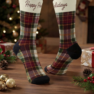 Chaussette Bourgogne & Vert Noël Carreaux & Texte