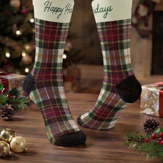Chaussette Bourgogne & Vert Noël Carreaux & Texte