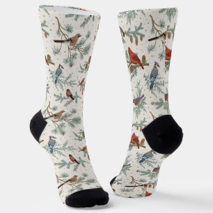 Chaussette Branches d'oiseaux et de pins d'hiver Motif