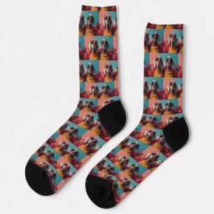 Chaussette Braque de Weimar avec Roses du cœur Saint-Valentin