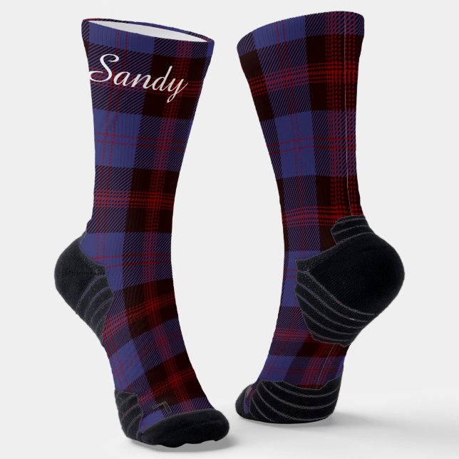 Chaussette Buffalo plaid navy blue red monogram name (Angulaire)