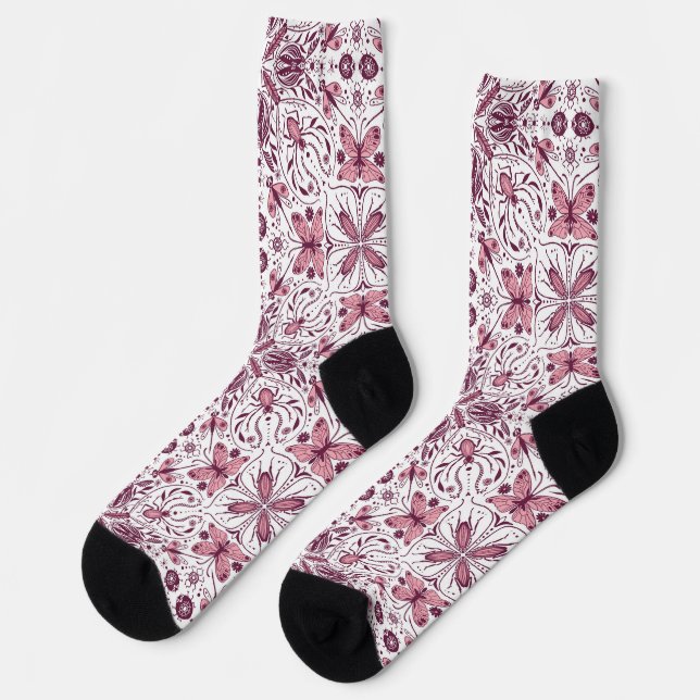 Chaussette Buissons, magenta foncé et rose sur blanc (Gauche)