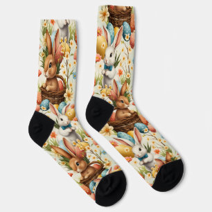 Chaussette Bunnies colorés Oeufs de Pâques & Fleurs Motif