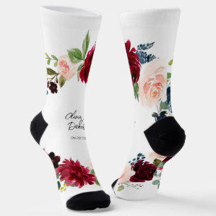 Chaussette Burgundy et marine Aquarelle Floral Mariage Groom