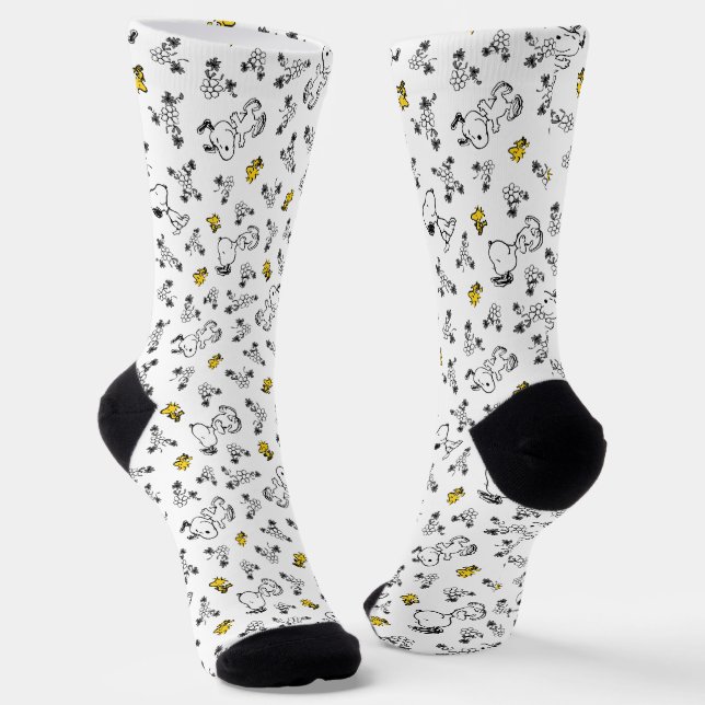 Chaussette cacahuètes | Snoopy & Woodstock B&W Flower Motif (Angulaire)