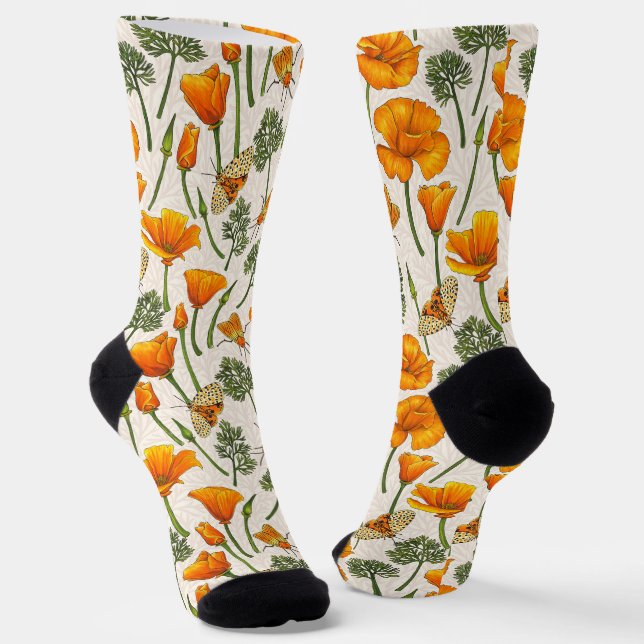 Chaussette California poppies and moths on off white 2 (Angulaire)