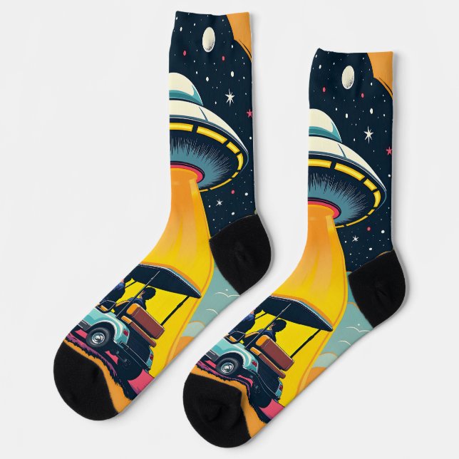 Chaussette Caricature Retro Sci Fi Rocket Ship and Golf Cart (Gauche)