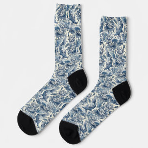 Chaussette Carpe Koï et Nymphéa Bleu Chinoiserie Toile