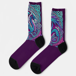 Chaussette Carré celtique Dragon turquoise & violet