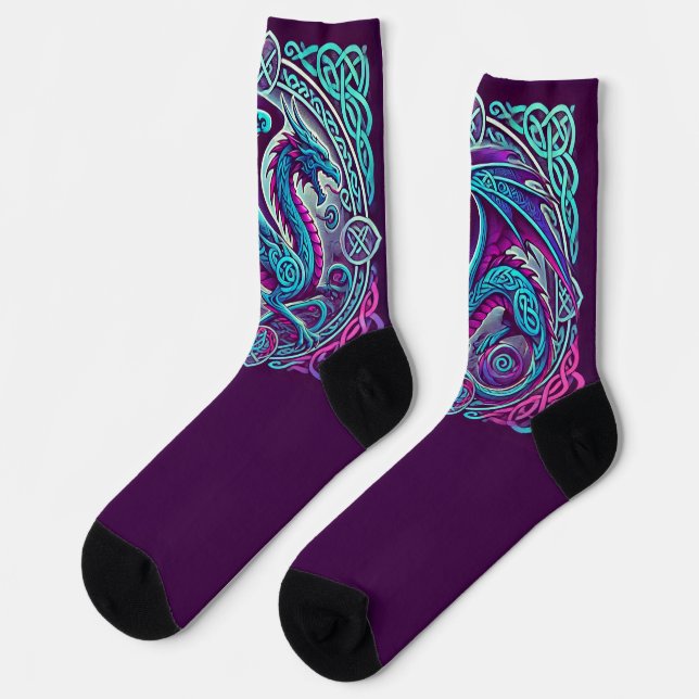 Chaussette Carré celtique Dragon turquoise & violet (Gauche)