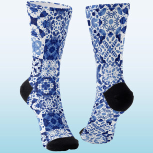 Chaussette Carreaux Bleus Bleu Méditerranéen Motif Aquarelle